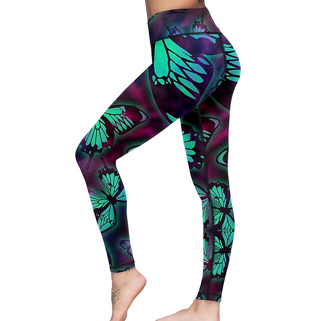  21Grams® Women's Yoga Pants High Waist Tights Leggings Bottoms Butterfly Tummy Control Butt Lift Green Yoga Fitness Gym Workout Winter Sports Activewear High Elasticity / Athletic / Athleisure