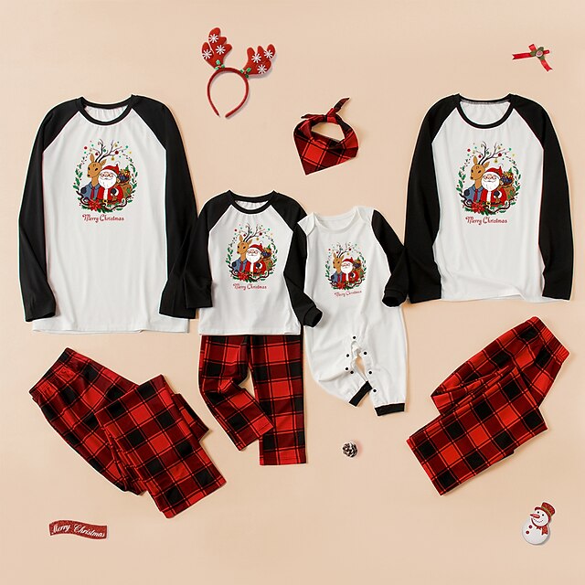  Christmas Pajamas Family Look Christmas Gifts Plaid Deer Santa Claus Patchwork Black Red Long Sleeve Daily Matching Outfits / Fall / Print