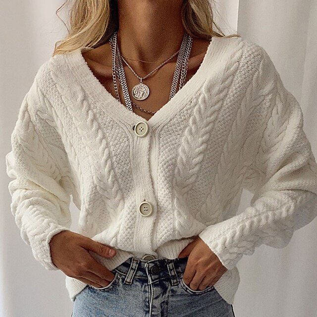  Women's Cardigan Cropped  Sweater Solid Color Knitted Stylish Long Sleeve Sweater Cardigans Fall Winter V Neck Khaki White Coffee