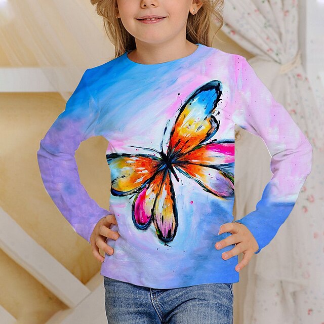  Niños Chica Camiseta Manga Larga Mariposa Impresión 3D Azul Piscina Niños Tops Activo Otoño Ajuste regular 4-12 años