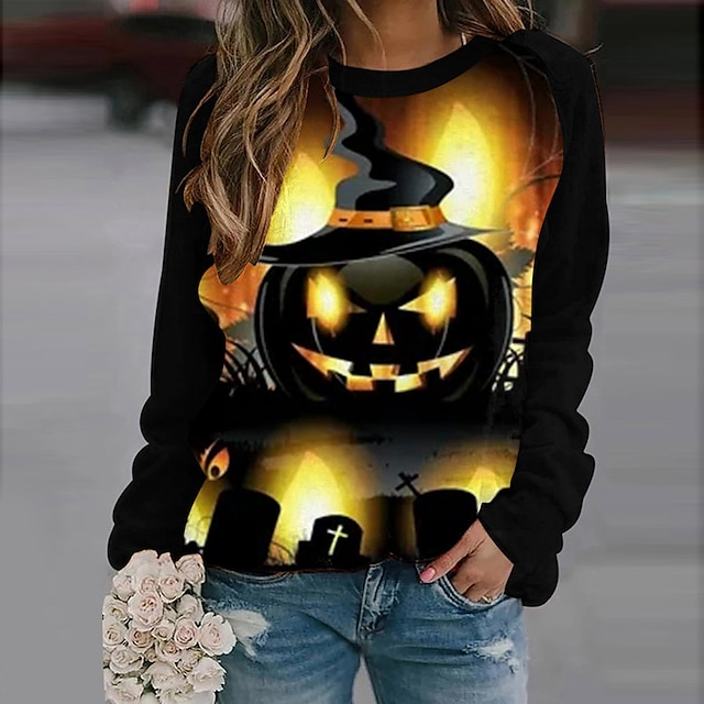  Damen Katze Halloween Kürbis Pullover Bedruckt 3D-Druck Halloween Alltag Strassenmode Halloween Kapuzenpullover Sweatshirts Grün Gelb