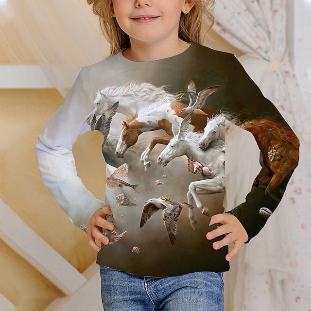  barn hest t-skjorte langermet brun lysegrønn 3d print fuglehest aktiv 4-12 år / høst
