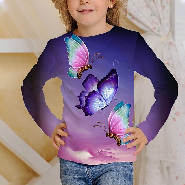  Camiseta infantil com estampa 3d borboleta manga longa vinho blusas infantis caem ativo regular fit 4-12 anos