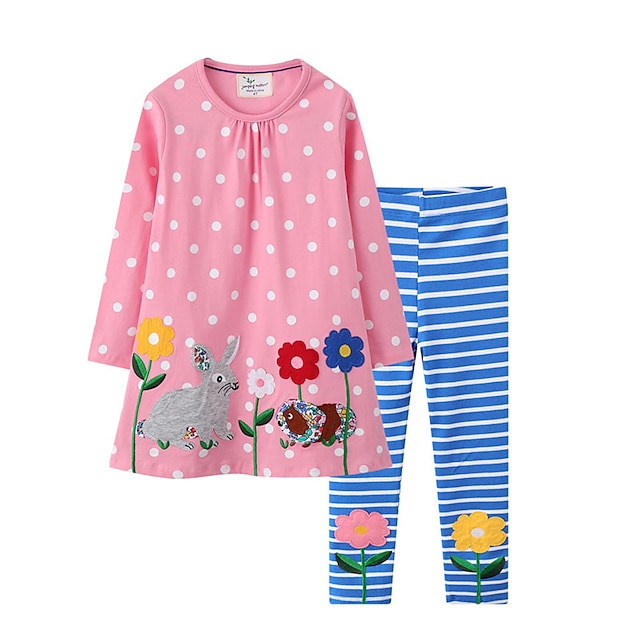  Kids Toddler Girls' Clothing Set Long Sleeve 2 Pieces Blushing Pink Print Floral Polka Dot Stripe Rabbit Casual / Daily Cotton Regular Basic Cute / Fall / Winter