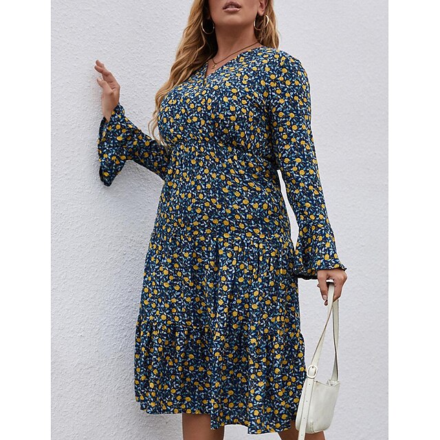  Women's Plus Size Print A Line Dress V Neck Long Sleeve Casual Fall Spring Casual Daily Midi Dress Dress