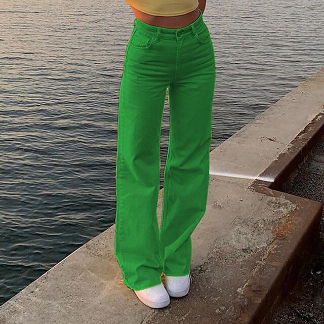  Mulheres Básico Moda Perna larga Bolsos Calças Comprimento total Calças Micro-Elástica Casual Diário Tecido Cintura Média Conforto Verde Rosa Laranja S M L