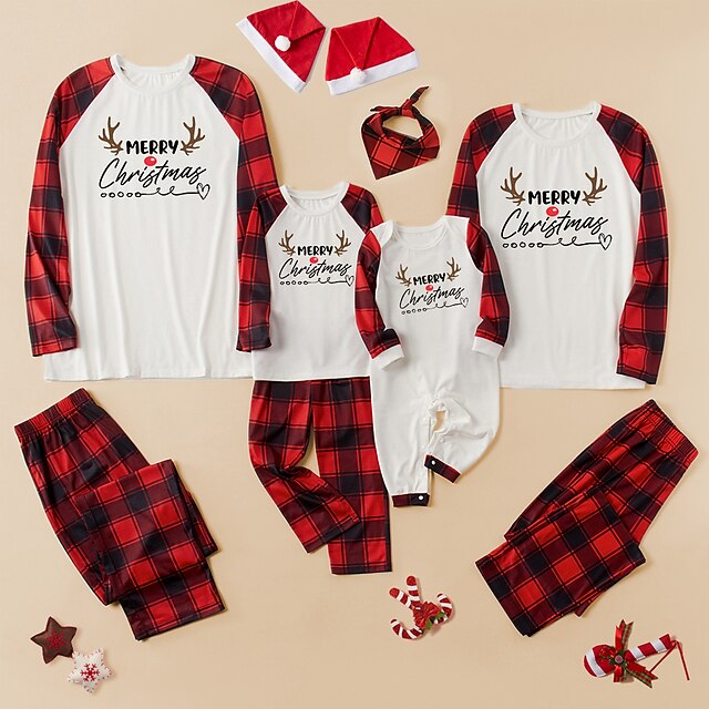  Christmas Pajamas Family Look Christmas Gifts Plaid Deer Letter Patchwork Gray White Long Sleeve Daily Matching Outfits / Fall / Winter / Cute / Print
