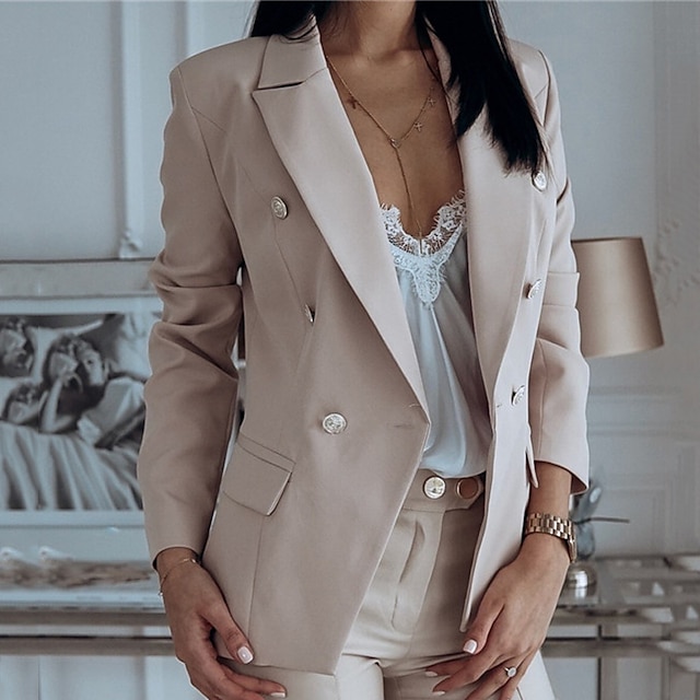  Women's Blazer Quilted Casual Daily Work Coat Regular Polyester White Pink Navy Blue Single Breasted Fall Winter Turndown Regular Fit S M L XL XXL 3XL / Warm / Solid Color