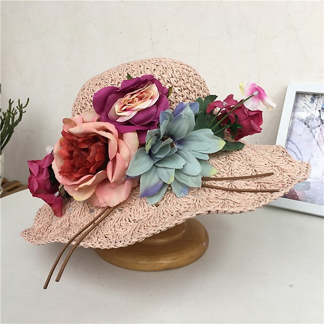  Women's Elegant & Luxurious Party Wedding Special Occasion Straw Hat Flower Flower Beige Pink Hat Portable Sun Protection Ultraviolet Resistant / Casual / Khaki / Fall / Spring / Summer