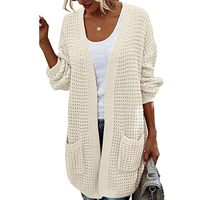  Women's Cardigan Solid Color Pocket Knitted Basic Casual Chunky Long Sleeve Loose Sweater Cardigans Fall Winter Open Front Green White Black / Going out