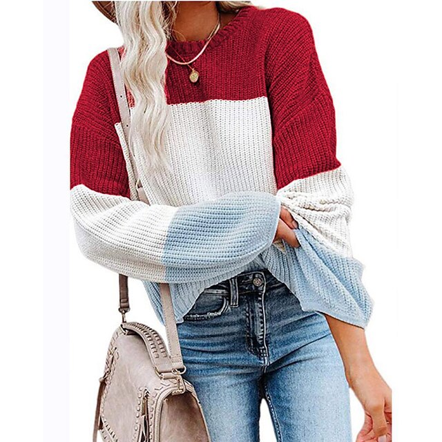  Women's Sweater Color Block Knitted Casual Long Sleeve Loose Sweater Cardigans Winter Crew Neck Blue Pink Black / Going out