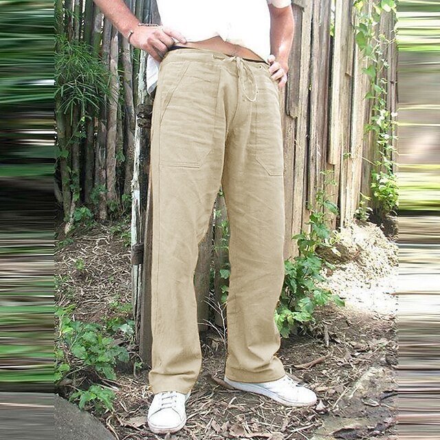  Men's Lightweight Linen Cotton Drawstring Beach Pants