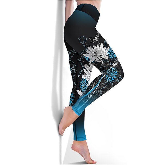  21Grams® Women's Yoga Pants High Waist Cropped Leggings Floral / Botanical Tummy Control Butt Lift Quick Dry Dark Navy Yoga Fitness Gym Workout Sports Activewear High Elasticity / Athletic