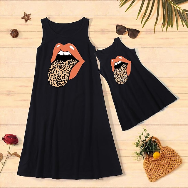  Mommy and Me Cotton Dresses Daily Cartoon Leopard Print Black Knee-length Sleeveless Tank Dress Cute Matching Outfits / Summer / Long
