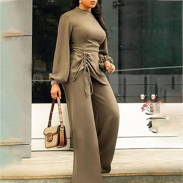  Women's Jumpsuit Solid Colored Drawstring Casual Daily Crew Neck Casual Daily Wear Long Sleeve Regular Fit Khaki S M L Fall