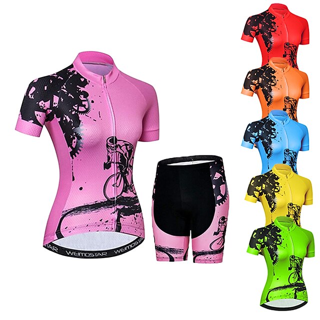  21Grams Women's Short Sleeve Cycling Jersey with Shorts Mountain Bike MTB Road Bike Cycling Green Yellow Orange Graphic Gear Bike Breathable Ultraviolet Resistant Quick Dry Back Pocket Sweat wicking