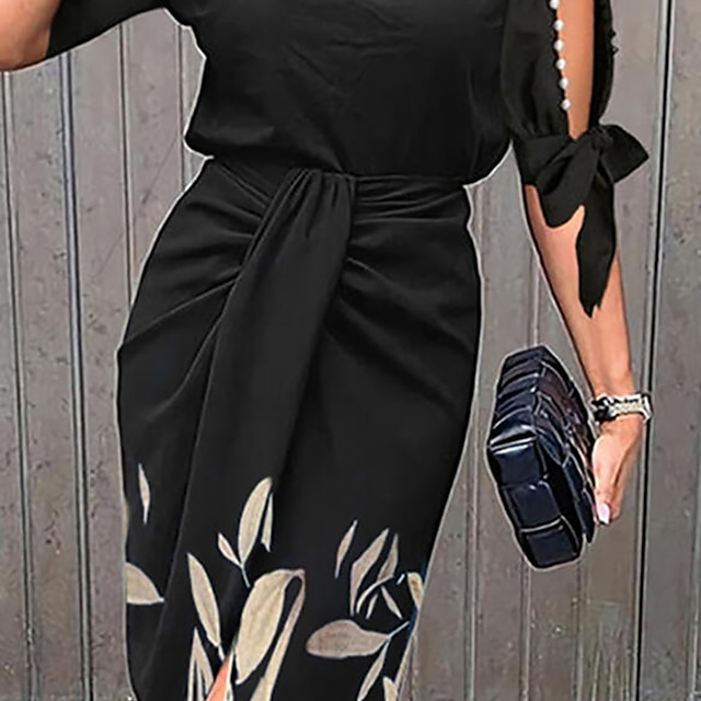  Mujer Vestido Midi vestido de trabajo Vestido tubo Vestido formal Negro Vino Azul Oscuro Floral Manga 3/4 Verano Primavera Acordonado Trabajo Cuello Barco Holgado Fiesta Oficina Vacaciones 2023 S M L