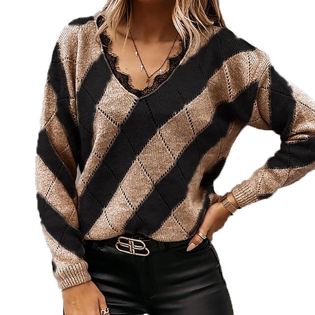  Women's Sweater Jumper Knit Knitted V Neck Color Block Daily Going out Stylish Casual Fall Winter Khaki S M L / Long Sleeve / Regular Fit