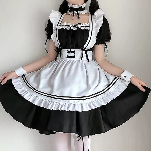  Inspirado por Fantasias Ternos de Empregadas Anime Trajes de cosplay Japanês Trajes de cosplay Vestidos Vestido Gravata De Pulso Para Mulheres / Doce lolita / Gótica Lolita