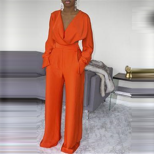  Women's Casual Streetwear V Neck Street Daily Wear Wide Leg Orange Jumpsuit Solid Colored