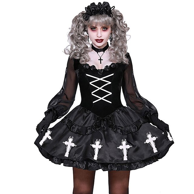  Witch Annabelle Costume Party Prom Women's Teen Adults' Gothic Lolita Halloween Festival / Holiday Tulle Flannel Black Women's Easy Carnival Costumes / Dress / Gloves / Headwear / Necklace