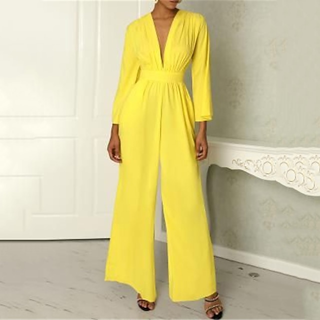  Women's Jumpsuit Solid Colored Ordinary V Neck Wide Leg Daily Wear Work Long Sleeve Regular Fit Yellow S M L Fall