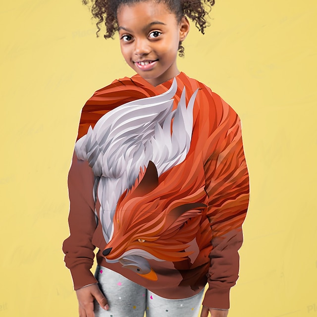  Kids Girls' Hoodie Long Sleeve Fox Animal 3D Print Red Children Tops Active Fall Regular Fit 4-12 Years