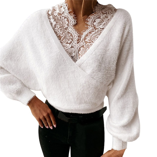  Women's Pullover Sweater Jumper Solid Color Knitted Lace Trims Stylish Casual Soft Long Sleeve Regular Fit Sweater Cardigans Fall Winter V Neck Light Brown White