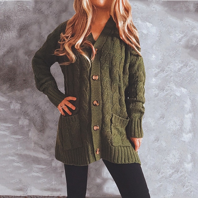  Women's Sweater Cardigan Solid Color Pocket Knitted Button Stylish Casual St. Patrick's Day Long Sleeve Regular Fit Sweater Cardigans Fall Winter V Neck Light Blue Navy Wine Red