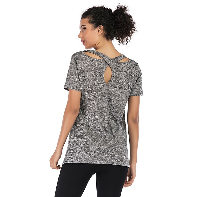  Damen Rundhalsausschnitt Yoga Top mit am Rücken überkreuzten Trägern Sommer Dunkelrosa Grau Fitness Fitnesstraining Laufen T-Shirt Kurzarm Sport Sportkleidung Hochelastisch 4-Wege-Stretch Rasche