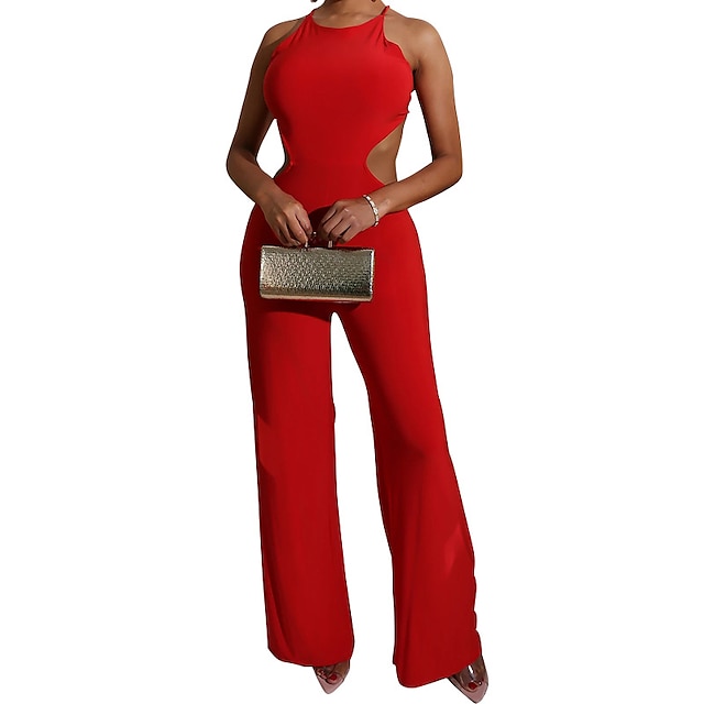  Women's Jumpsuit Solid Colored Backless Casual Halter Neck Sleeveless Regular Fit Black Red Yellow S M L Fall