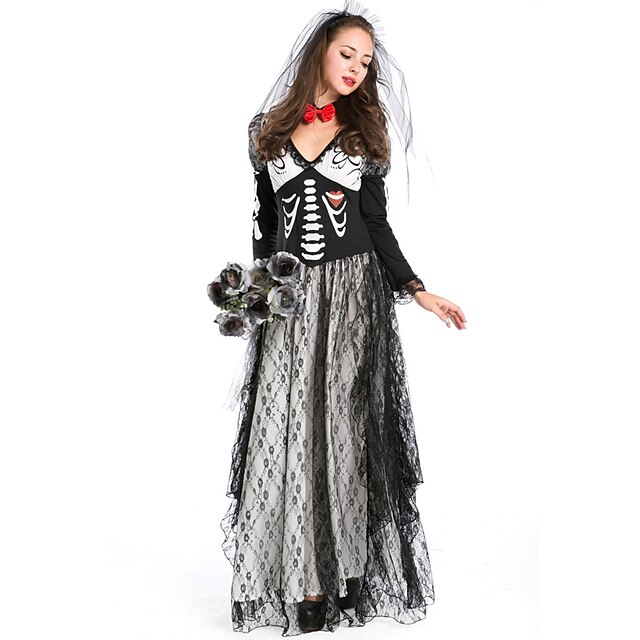  Skelett / Totenkopf Vampir Ghost Braut Kostüm Party Prom Damen Teen Erwachsene gotisch Halloween Fest / Feiertage Bauwolle  / Leinen Mischung Schwarz Damen Einfach Karneval Kostüme / Kleid / Kleid