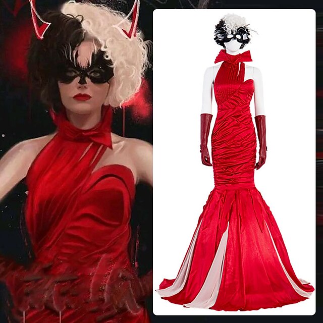  One Hundred and One Dalmatians Cruella De Vil Women's Outfits Masquerade Movie Cosplay Vacation Halloween Red Halloween Carnival Masquerade Dress Gloves Wig Polyester / Eye Mask / Eye Mask