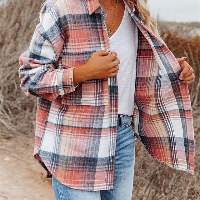  Women's Coat Fall Winter Street Daily Going out Regular Coat Turndown Single Breasted Warm Breathable Regular Fit Casual Jacket Long Sleeve Pocket Print Plaid / Check Plaid pink