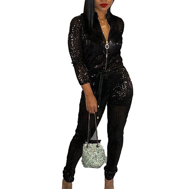  Women's Jumpsuit Solid Colored Sequins Casual Daily V Neck Casual Daily Wear Long Sleeve Regular Fit White Black Red S M L Fall