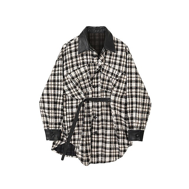  Women's Coat Fall Winter Daily Going out Regular Coat Turndown Single Breasted Warm Regular Fit Casual Jacket Long Sleeve Lace up Pocket Plaid / Check Black