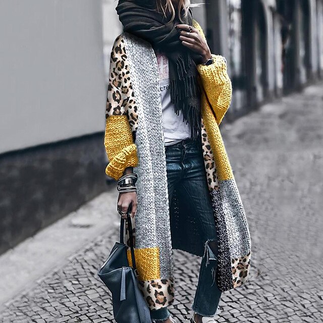  Mulheres Carregam Bloco de cor Leopardo Tricotado à moda Casual Macia Manga Longa Normal Casacos de malha Outono Inverno Abertura Frontal Amarelo / Para Noite