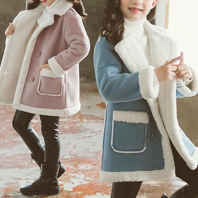  Kids Girls' Jacket & Coat Blue Pink Solid Color Plush Fall Winter 3-13 Years / Cute