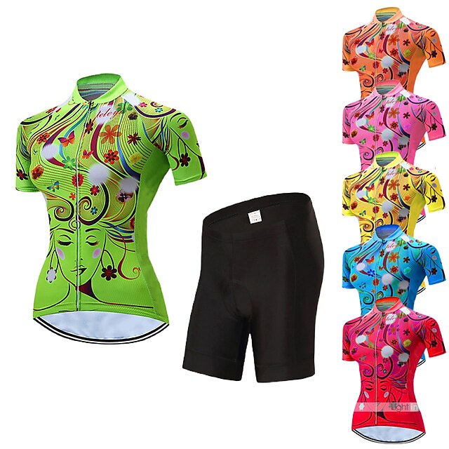  21Grams Women's Short Sleeve Cycling Jersey with Shorts Mountain Bike MTB Road Bike Cycling Green Yellow Rosy Pink Graphic Patterned Floral Botanical Bike Spandex Polyester Clothing Suit 3D Pad