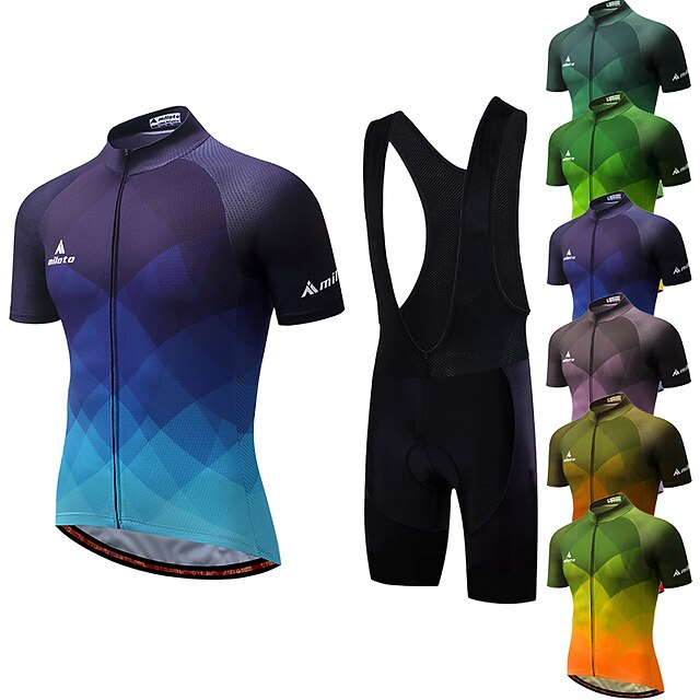  Miloto Men's Cycling Jersey with Bib Shorts Short Sleeve - Summer Spandex Purple Black Green Plaid Checkered Gradient Bike 3D Pad Breathable Quick Dry Reflective Strips Back Pocket Clothing Suit