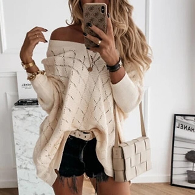  Women's Pullover Sweater Jumper Solid Color Knitted Hole Stylish Casual Soft Long Sleeve Regular Fit Sweater Cardigans Fall Winter V Neck Beige