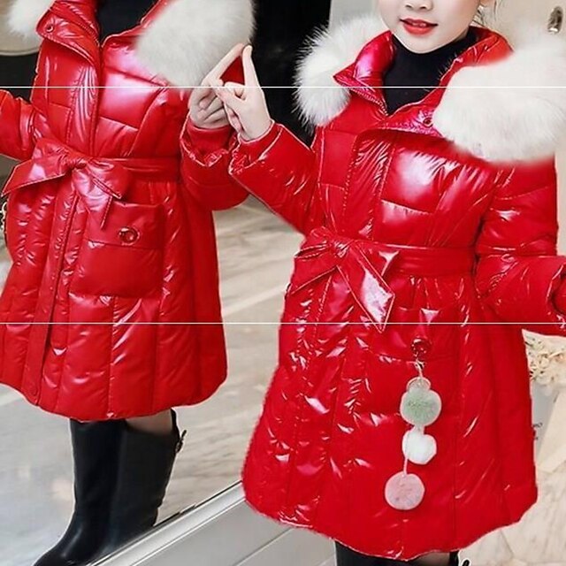  Kid's Girls' Jacket & Coat Big red Black Pink Fur Trim Solid Color Glossy Winter 2-6 Years / Cute / Cotton