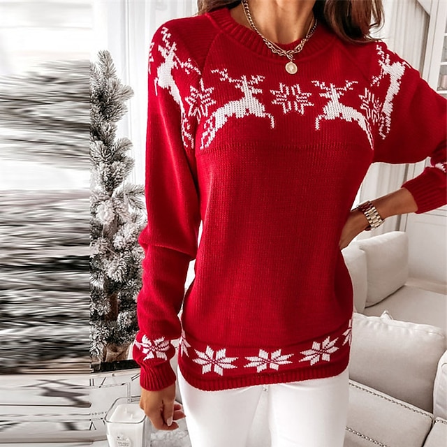  Women's Sweater Ugly Sweater Pullover Animal Knitted Stylish Casual Soft Long Sleeve Regular Fit Sweater Cardigans Fall Winter Crew Neck Green Red White