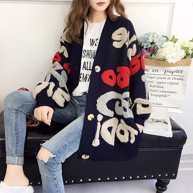  Women's Cardigan Sweater Letter Knitted Stylish Casual Soft Long Sleeve Sweater Cardigans Fall Winter Open Front Khaki Red Navy Blue