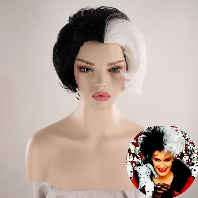  101 Dalmatians Cruella De Vil Cosplay Wigs Bob Women's Heat Resistant Fiber / Black Curly Adults' Anime Wig