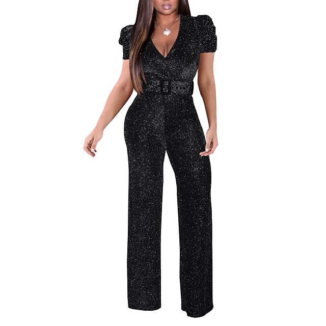  Women's Jumpsuit Solid Color Sexy Short Sleeve Regular Fit Black Silver Gold S M L Spring