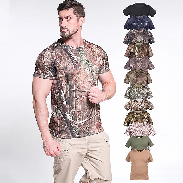  Herre camouflage Jagt-T-shirt Camouflage Jagt-T-shirt Kortærmet Udendørs Hurtig Tørre Hurtigtørrende Svedtransporende Påførelig Sommer Polyester Toppe Campering & Vandring Jagt Fiskeri Jord Gul Grøn