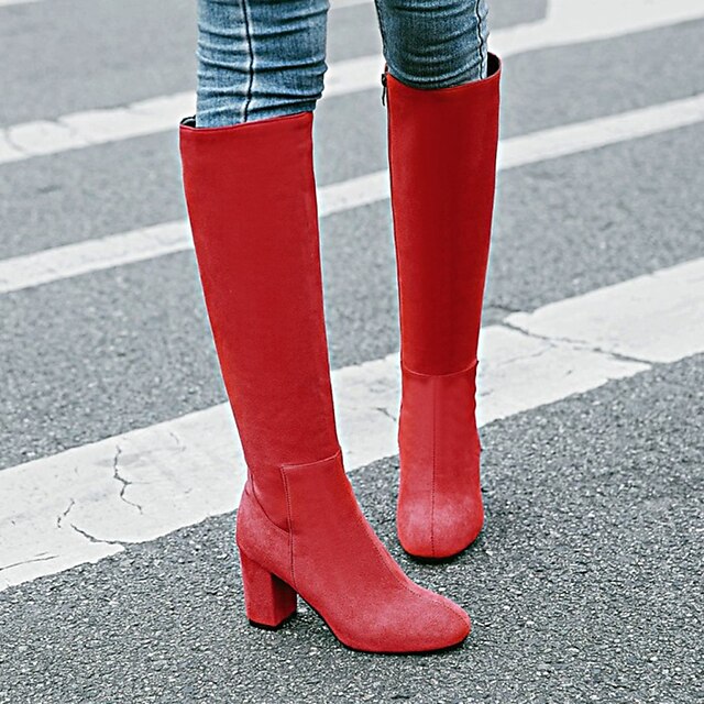  Women's Boots Ladies Shoes Valentines Gifts Riding Boots Party Daily Knee High Boots Block Heel Round Toe Vintage Casual PU Zipper Black Red Dark Blue