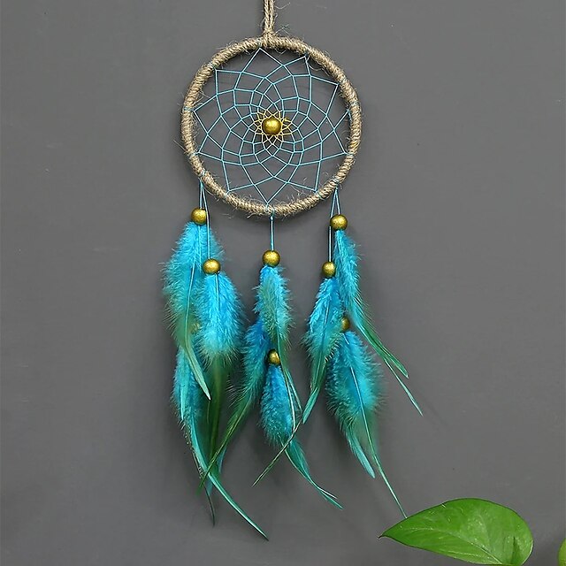  drømmefanger håndlavet gave blå fjer hængende perler vægophæng dekorativ kunst boho stil 11*40cm