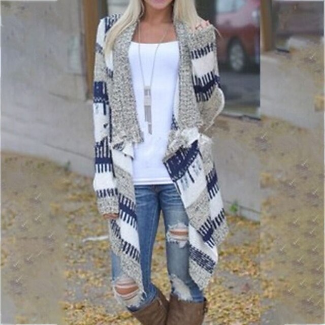  Women's Cardigan Sweater Striped Color Block Knitted Stylish Casual Soft Long Sleeve Sweater Cardigans Fall Winter Shirt Collar Gray